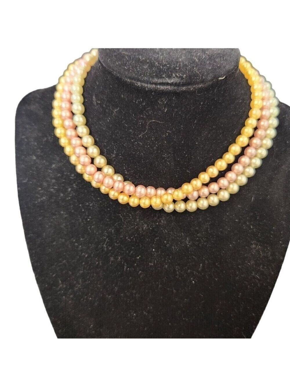 Vintage Multi-Colored 3 strand Faux Pearl Choker Necklace Adjustable Clasp 14"